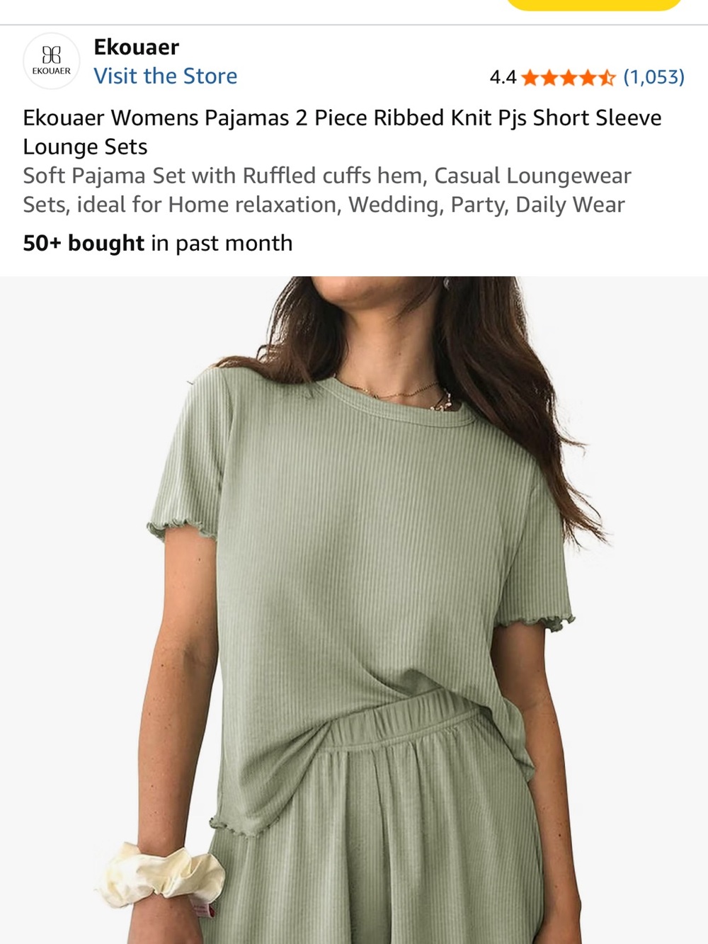 Ekouaer Ribbed Short Sleeve Lounge Top in Sage Green